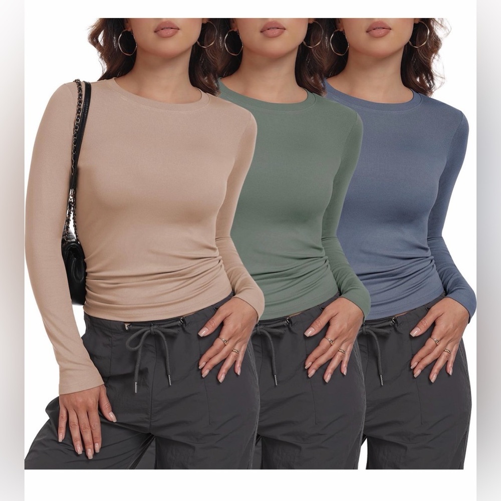 🆕3 Pack Womens Long Sleeve Crew Neck Basic Stretchy Shirt